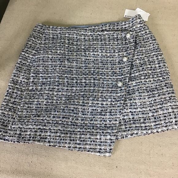 Just Fab Women’s Crossover Preppy Academia Blue Tweed Mini Skirt size XXL NWT - Picture 4 of 11